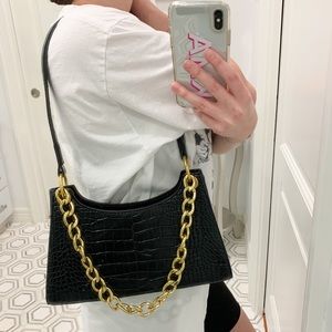 Black Crocodile PU Leather Baguette Shoulder Bag